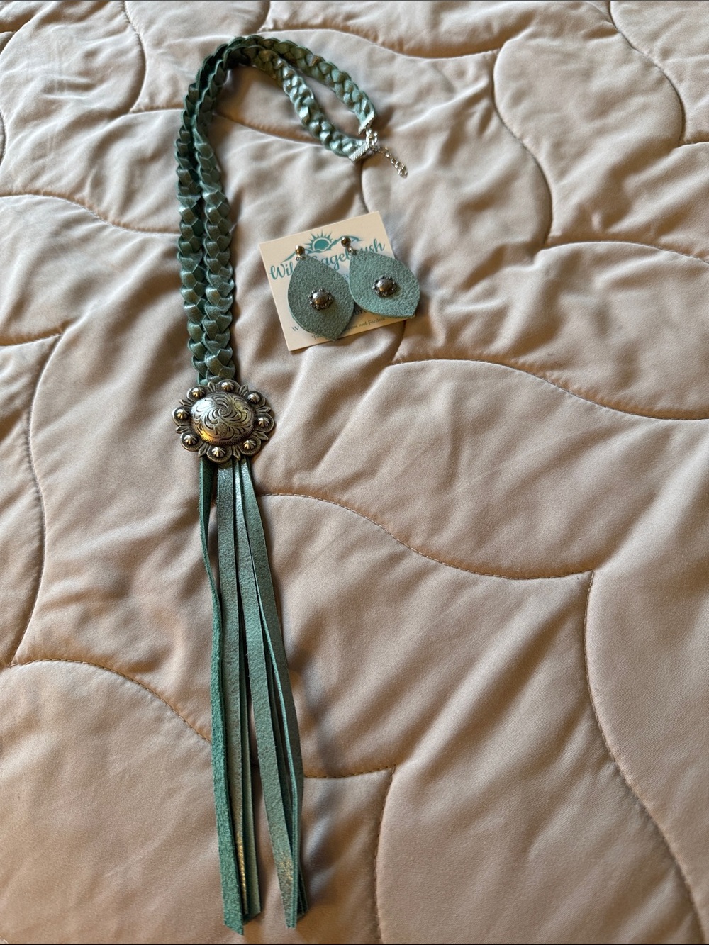 Turquoise Braided Leather Fringe Necklace w/Matching Pierced Earrings